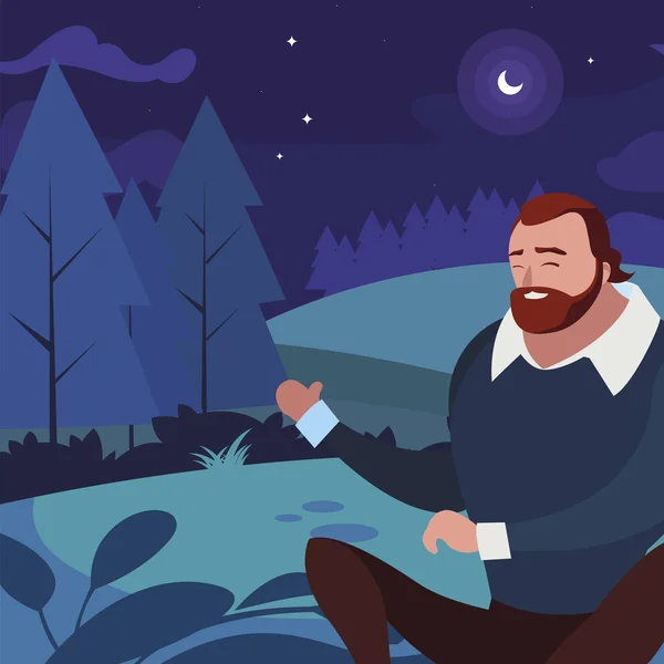 Człowiek siedzi w polu w nocy — Wektor stockowy