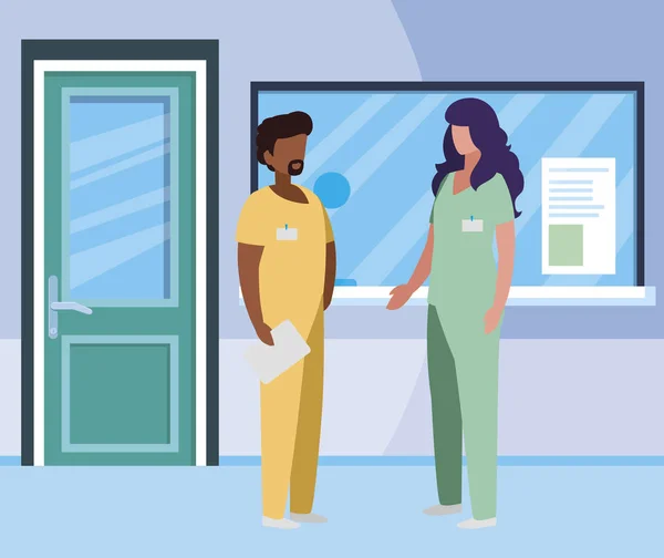 Διαφυλετικός ζευγάρι ιατρική εργάτες στο νοσοκομείο υποδοχής — Διανυσματικό Αρχείο