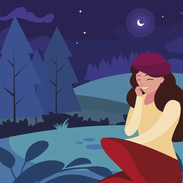 Vacker kvinna med basker sittande i parken på natten — Stock vektor
