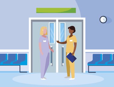 asansör kapıda ırklar arası kadın tıp işçileri