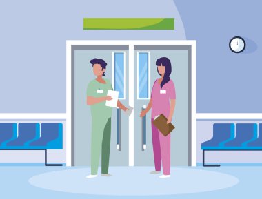 asansör kapıda çift tıp işçileri