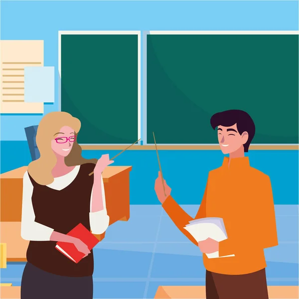 Profesores pareja en el aula personajes — Vector de stock