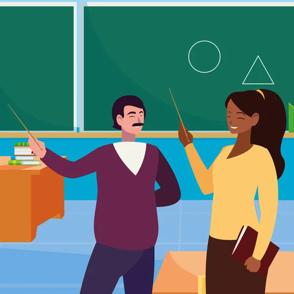 Interracial lärare par i klassrummet tecken — Stock vektor