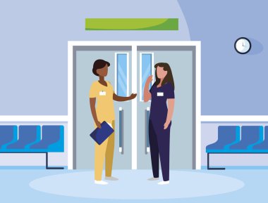 asansör kapıda ırklar arası kadın tıp işçileri