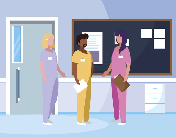 Travailleurs en médecine de groupe interracial dans le couloir hospitalier — Image vectorielle