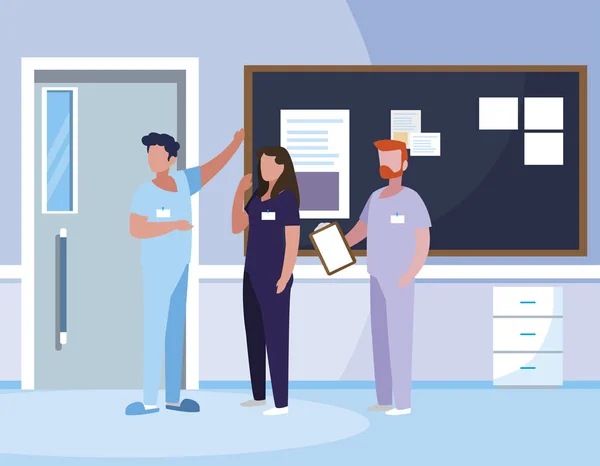 Travailleurs en médecine de groupe dans le corridor hospitalier — Image vectorielle