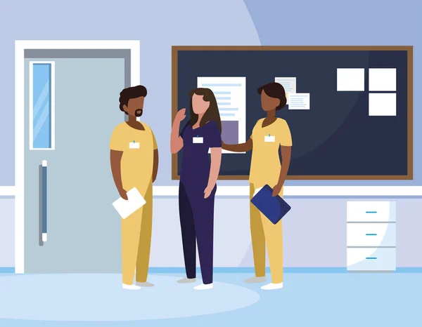 Міжрасові групи медичних працівників в лікарняному коридорі — стоковий вектор