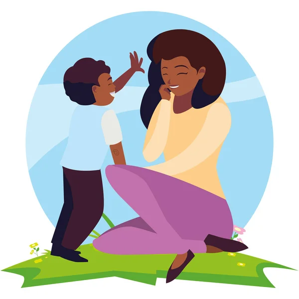 Όμορφη μαύρη μητέρα με το γιο στο πεδίο — Διανυσματικό Αρχείο