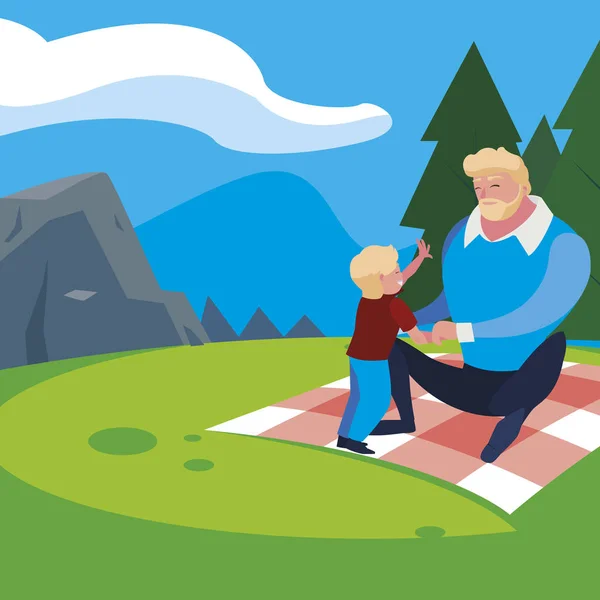 父亲与儿子在野外野餐日 — 图库矢量图片