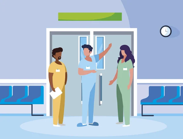 Groupe interracial travailleurs de la médecine dans ascenseur porte — Image vectorielle