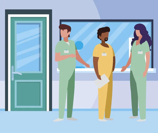 Trabalhadores de medicina de grupo interracial na recepção hospitalar —  Vetores de Stock