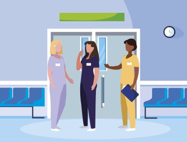 asansör kapıda ırklar arası kadın tıp işçileri