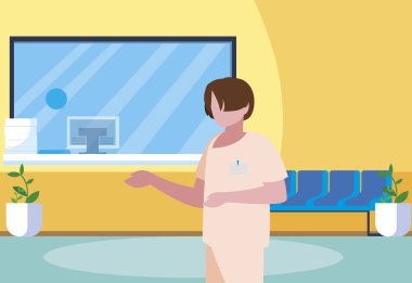 hastane resepsiyonda üniformalı erkek ilaç işçisi