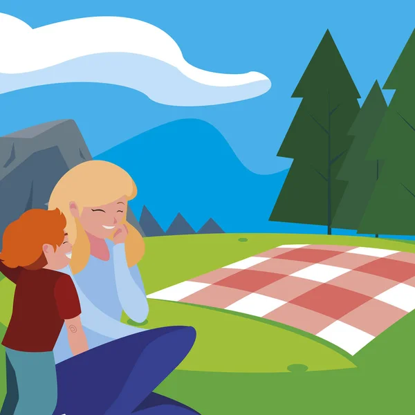 Hermosa madre con hijo en el día de picnic paisaje — Vector de stock