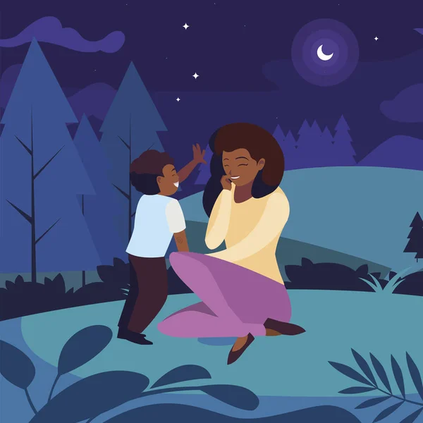 Vacker svart mamma med son på fältet på natten — Stock vektor