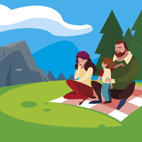 父母夫妇与儿子在野外野餐日 — 图库矢量图片