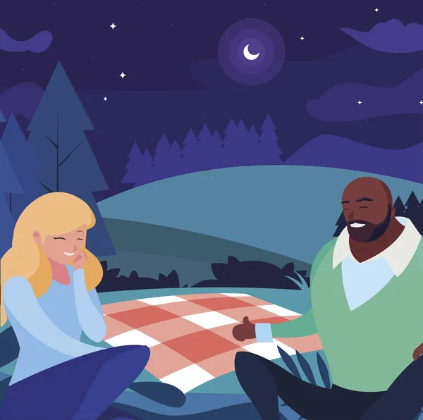 Interracial ungt par sittande i fältet picknick dag — Stock vektor
