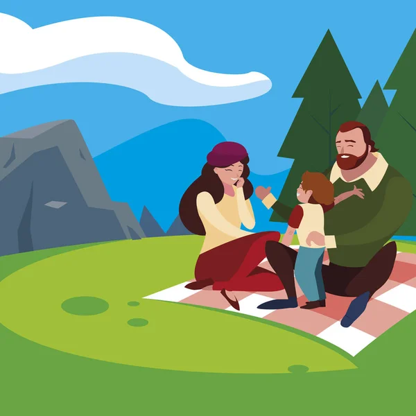 Föräldrar par med sonen i fältet picknick dag — Stock vektor