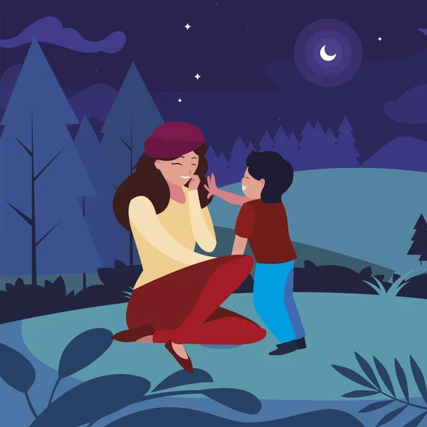 Красивая мать с сыном в пейзаже ночью — стоковый вектор