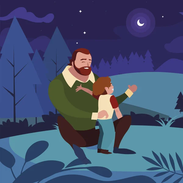 Gece alanında oğlu ile baba — Stok Vektör