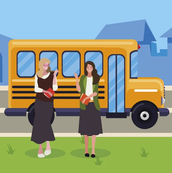 Professores do sexo feminino casal em parar personagens de ônibus — Vetor de Stock