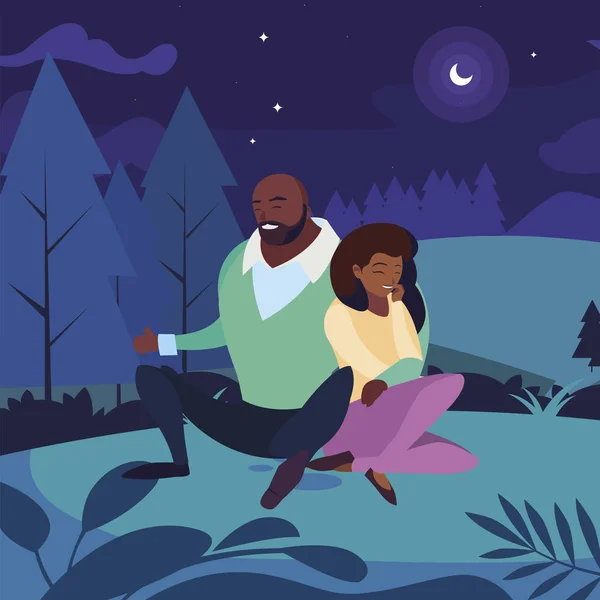 Черная пара, сидящая в поле ночью — стоковый вектор