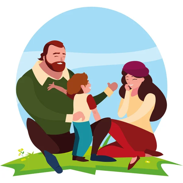 Padres pareja con hijo en el campo — Vector de stock