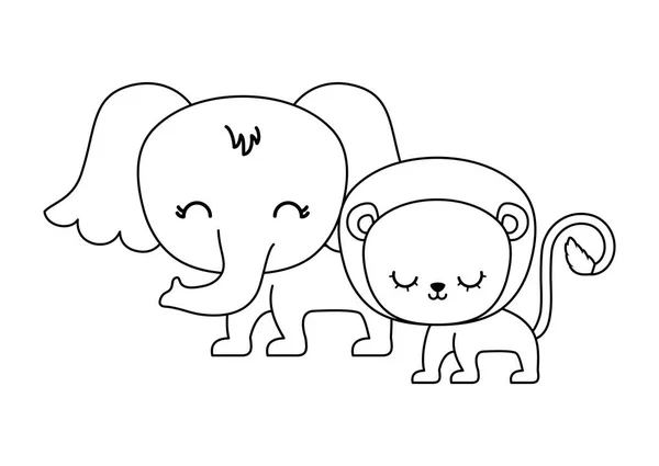 León lindo con animales de elefante — Vector de stock