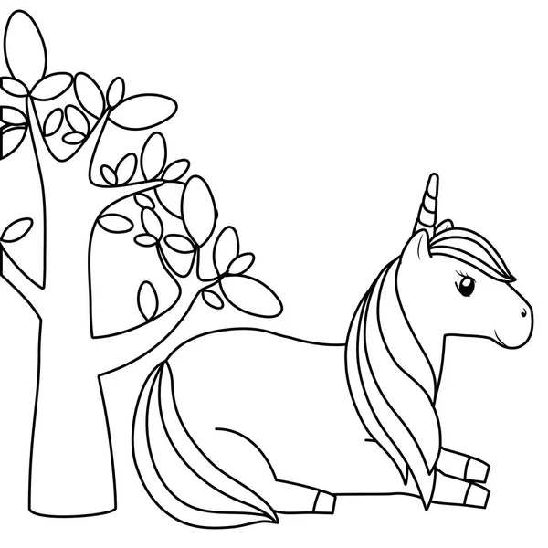 Mignon animal licorne avec plante d'arbre — Image vectorielle
