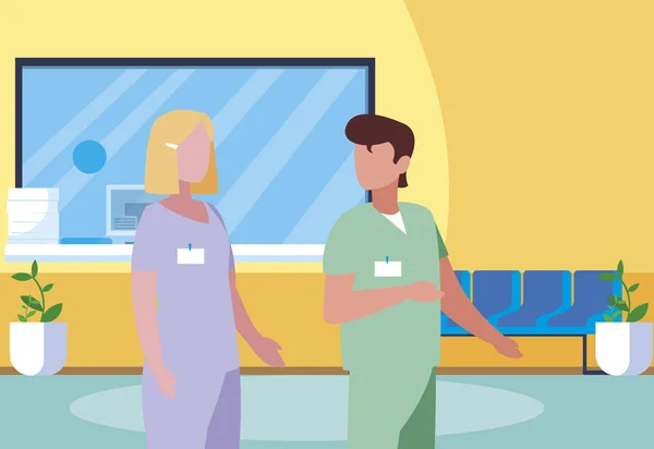 Пара медичних працівників в лікарні прийом — стоковий вектор