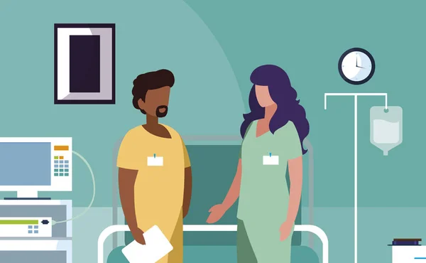 Couple interracial travailleurs de la médecine en salle d'opération — Image vectorielle
