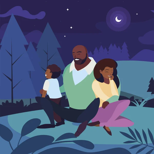 Μαύροι γονείς ζευγάρι με το γιο στο τοπίο τη νύχτα — Διανυσματικό Αρχείο