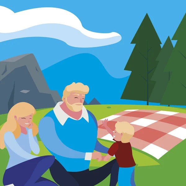 Rodiče pár se synem v Polní den na piknik — Stockový vektor