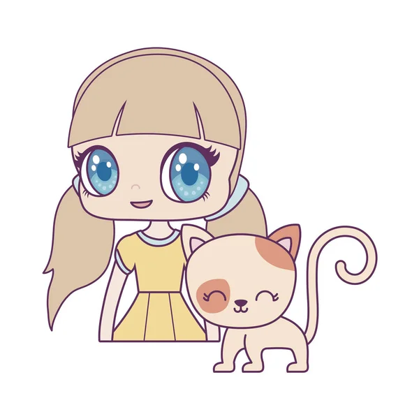 Mignonne petite poupée avec chat animal — Image vectorielle