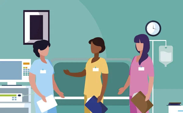 Ameliyathanede ırklar arası kadın tıp çalışanları — Stok Vektör
