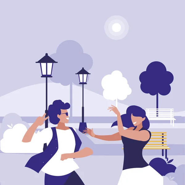 Pareja joven bailando en los personajes del parque — Vector de stock