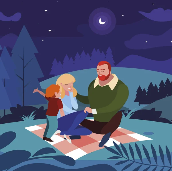 Ouders paar met zoon in het veld picknick dag — Stockvector