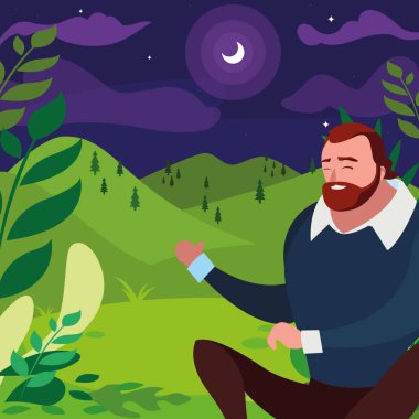 güçlü ve sakallı adam gece alanında oturan