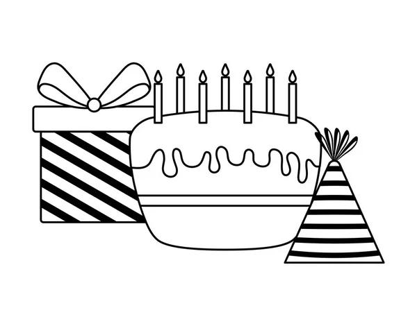 Taart van verjaardag met geschenk doos en hoed partij — Stockvector