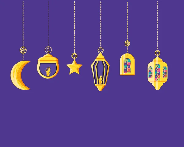 Ramadan Kareem lampes et symboles suspendus — Image vectorielle