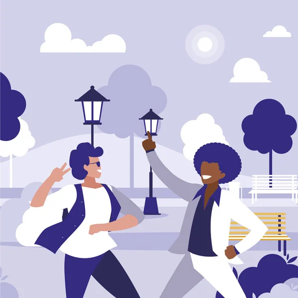 Interracial dancers couple in the park — Stock Vector