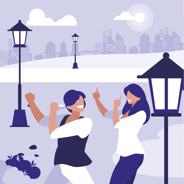 Pareja joven bailando en los personajes del parque — Vector de stock