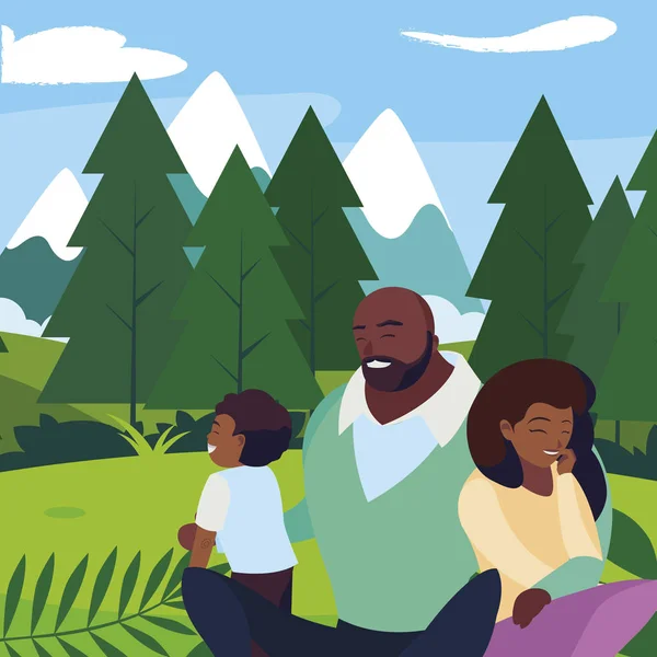 Μαύροι γονείς ζευγάρι με το γιο στο τοπίο — Διανυσματικό Αρχείο