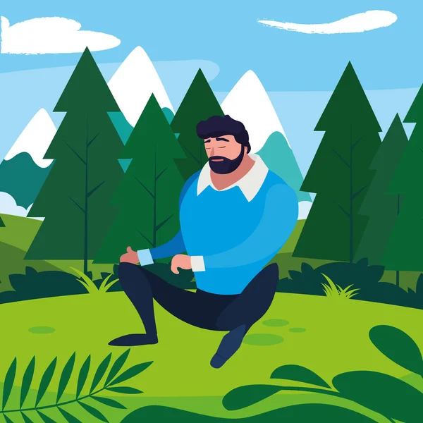 Homme fort et barbu assis dans le champ — Image vectorielle