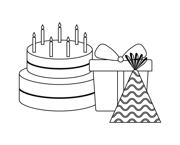 Pastel dulce con caja de regalo y fiesta de sombrero — Vector de stock