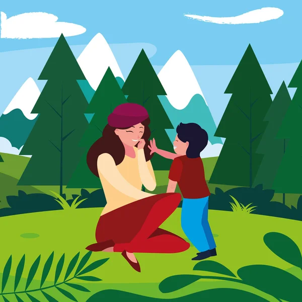 Όμορφη μητέρα με το γιο στο τοπίο — Διανυσματικό Αρχείο