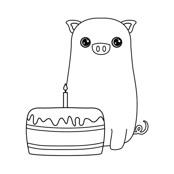 Cute piggy animal with cake of birthday — Stock Vector