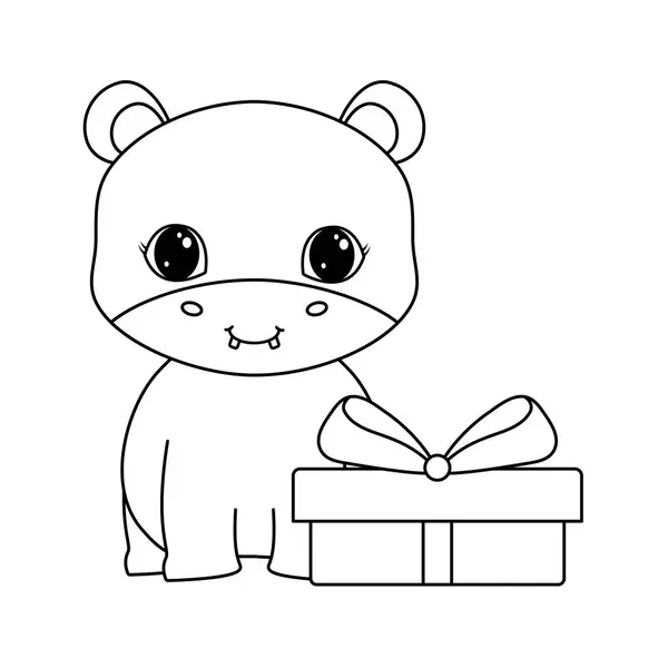 Милое животное бегемота с подарочной коробкой — стоковый вектор