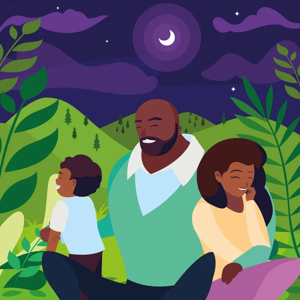 Черный родители пара с сыном в пейзаже ночью — стоковый вектор