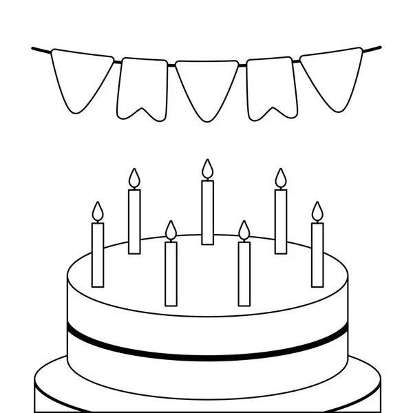 Сладкий торт со свечами и гирляндами — стоковый вектор